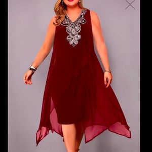 🆕 Embellished Sleeveless Asymmetric Hem Dress. Red. 2X.